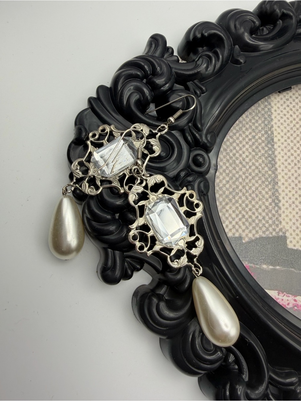 Elegant Pearl Drop Filigree Earrings with White Crystal Center Stone